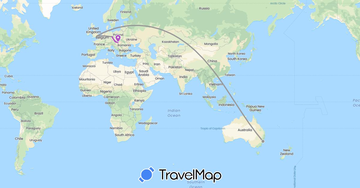 TravelMap itinerary: plane, train in Austria, Australia, Czech Republic, Germany, United Kingdom, Hungary (Europe, Oceania)